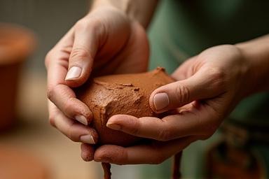 Hände, die eine Probe von feuchtem Töpferton prüfen