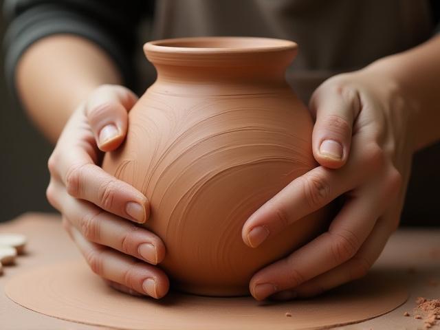 Handaufbau Keramik: Hände formen eine Schale aus Tonstreifen